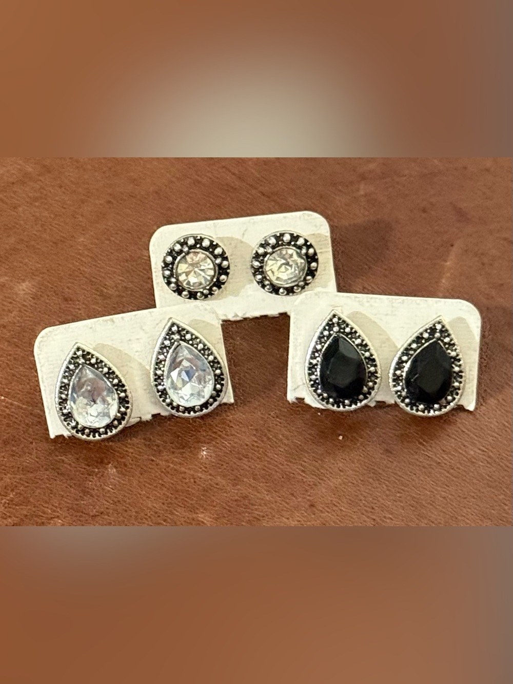 NEW Set of Three Black and Silver Round and Teardrop Stud Earrings